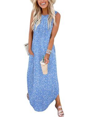 Women's Light Blue Summer Dress Casual Long Dress Split Curve Hem Dress Floral